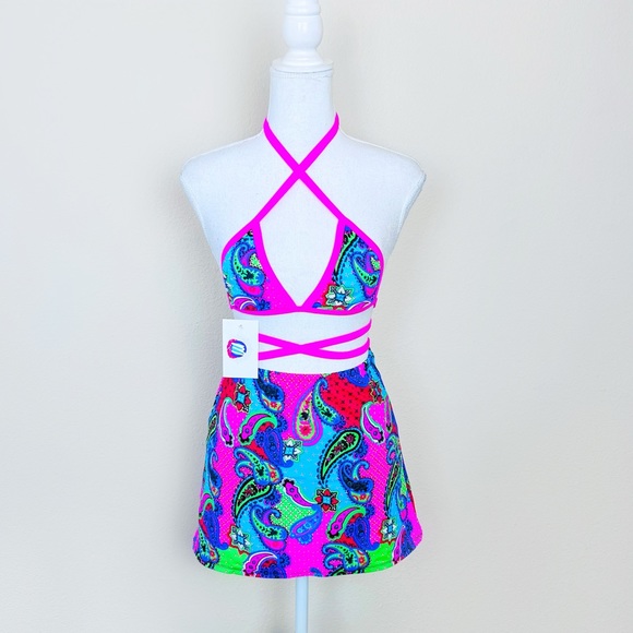 NWT Mystique Apparel Pink Paisley Love Triangle Top, Bottoms & Skirt Rave Set - Picture 2 of 16